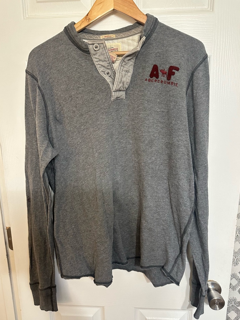Y2K Abercrombie & Fitch Mens Muscle Knit Henley Long Sleeve XXL Gray Logo USA